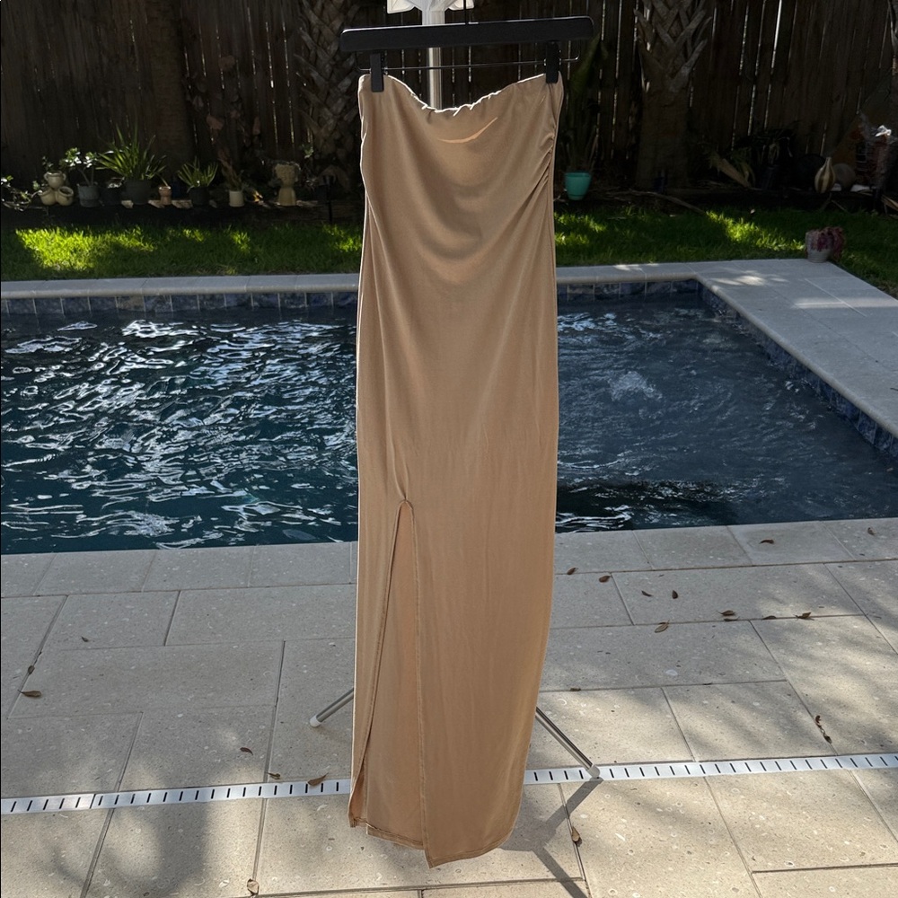 Neutral Tan Strapless Maxi Dress with Side Slit